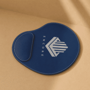 Blue ergonomic mouse pad with cushioned wrist rest and custom logo for office or gaming use.