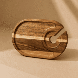 Wooden wine glass tray with an integrated stemware holder for serving wine, snacks, and charcuterie.