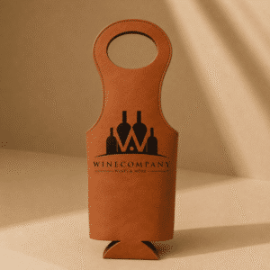 Brown leather wine bag with custom engraved logo, designed to hold a standard wine bottle for personalized gift giving.