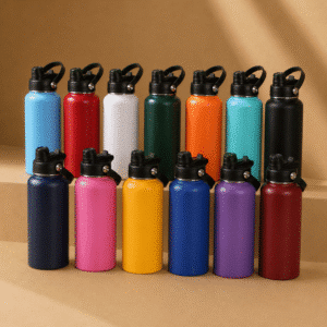 Assorted 32 oz insulated hydro water bottles in multiple colors with carry handles, ideal for custom logos and personalization.
