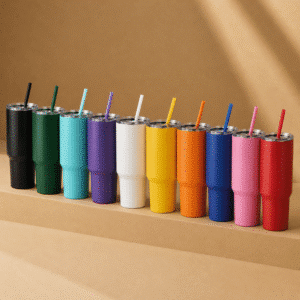 Assorted 40 oz insulated tumblers with handles and straws in multiple colors, ideal for custom logos and personalized drink