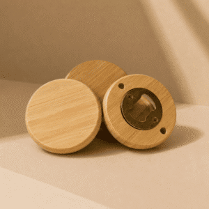 Round wooden bottle openers with natural bamboo finish and metal opener, ready for custom engraving or personalization.
