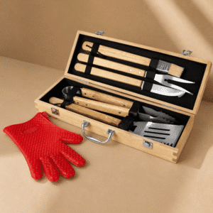 BBQ grill tool set with wooden-handled utensils, storage case, and red grilling glove, ideal for custom gifts and outdoor grilling.