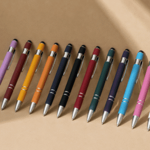 Colorful rubber soft touch stylus pens customized with engraving for promotional giveaways, offices, and events.