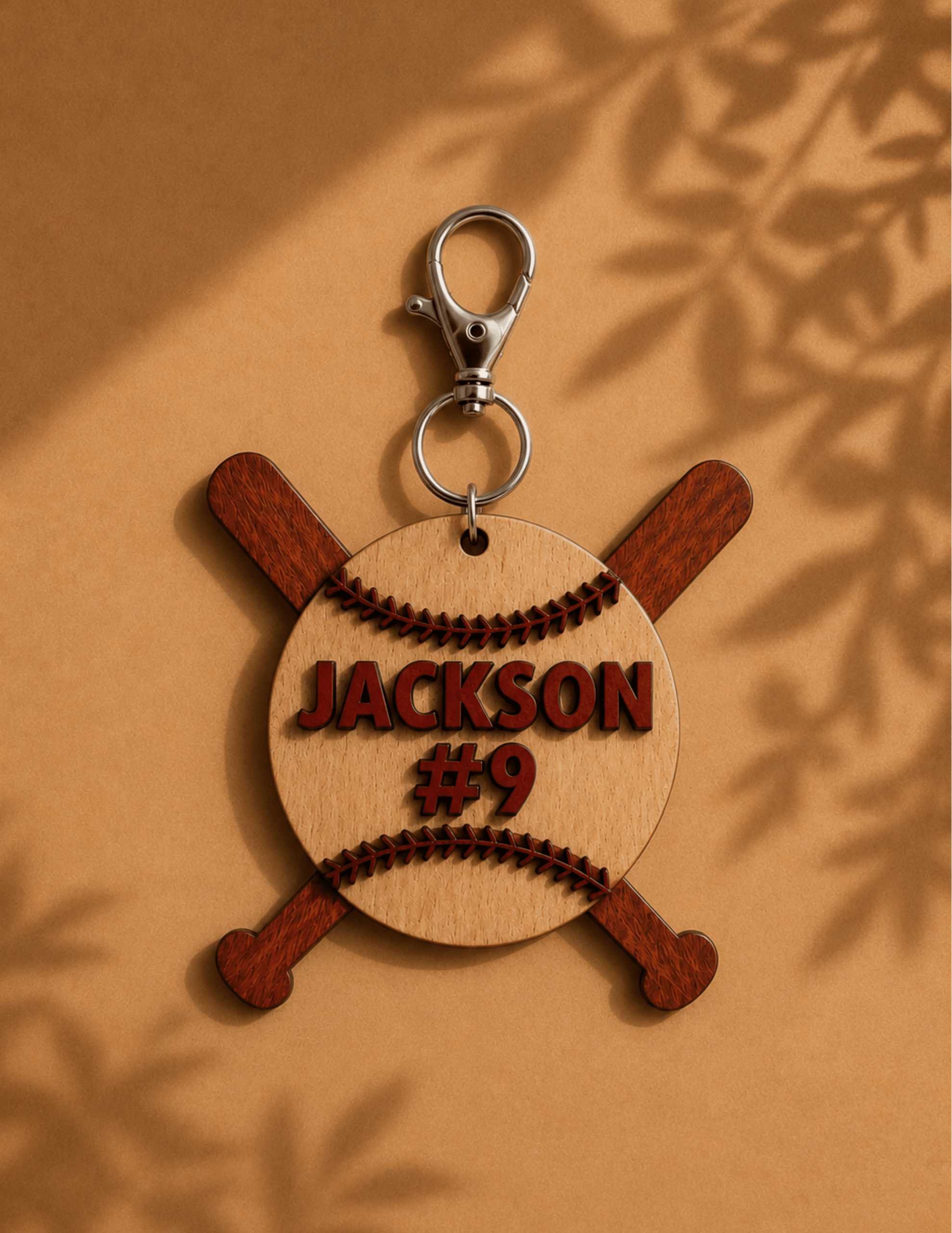 3D Baseball Players Bag Tag with custom player name, jersey number, baseball, and crossed wooden bats design.