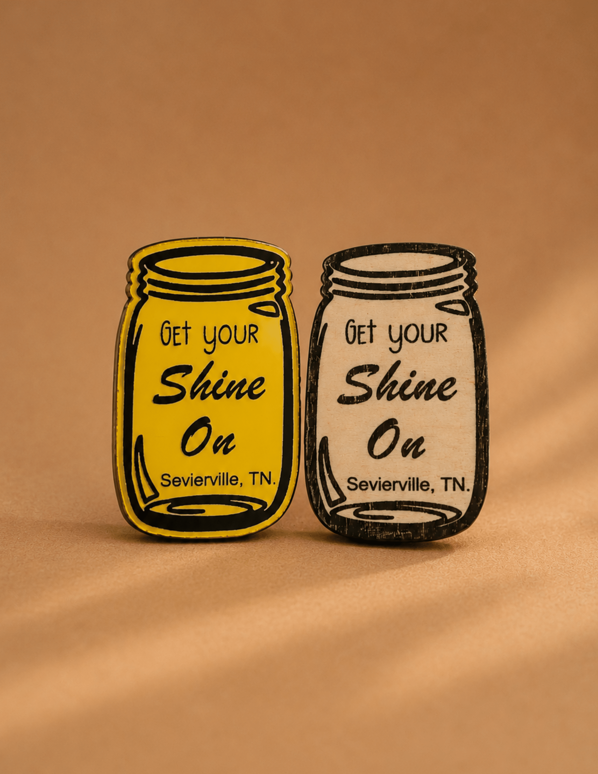 Get Your Shine On mason jar magnet featuring Sevierville, TN souvenir design in yellow and natural wood.