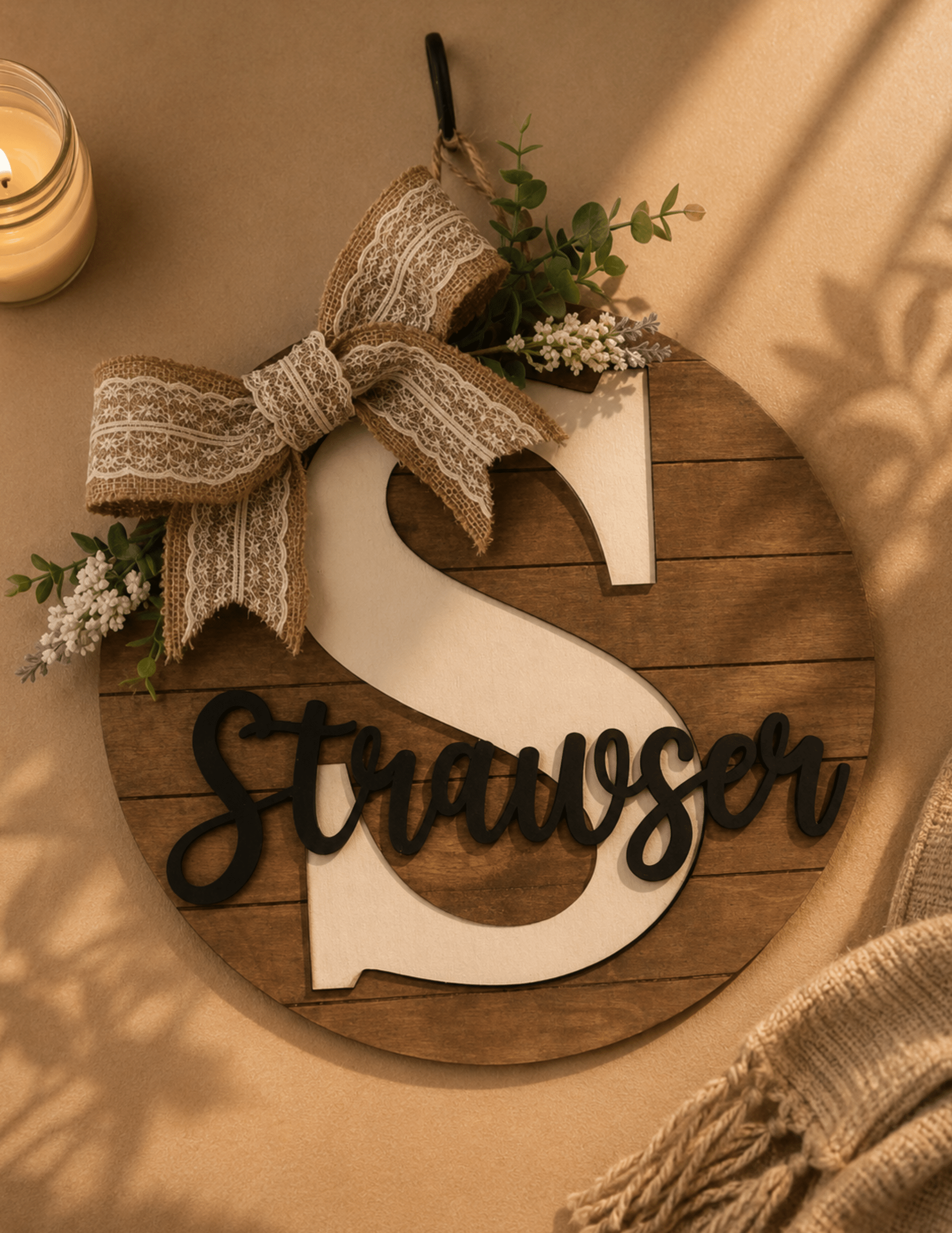 Personalized round shiplap door sign with custom last name, floral greenery, and burlap bow.