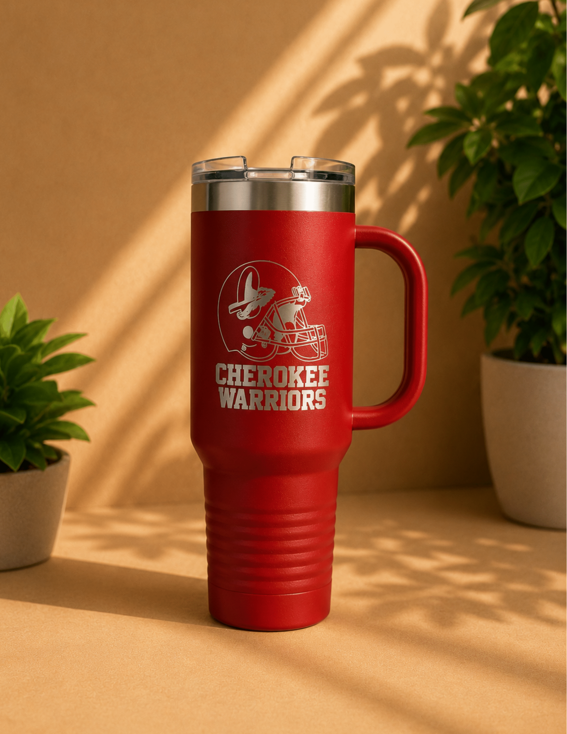 Custom 40 oz sports parent tumbler with personalized team logo and player design engraved on a handled travel mug.