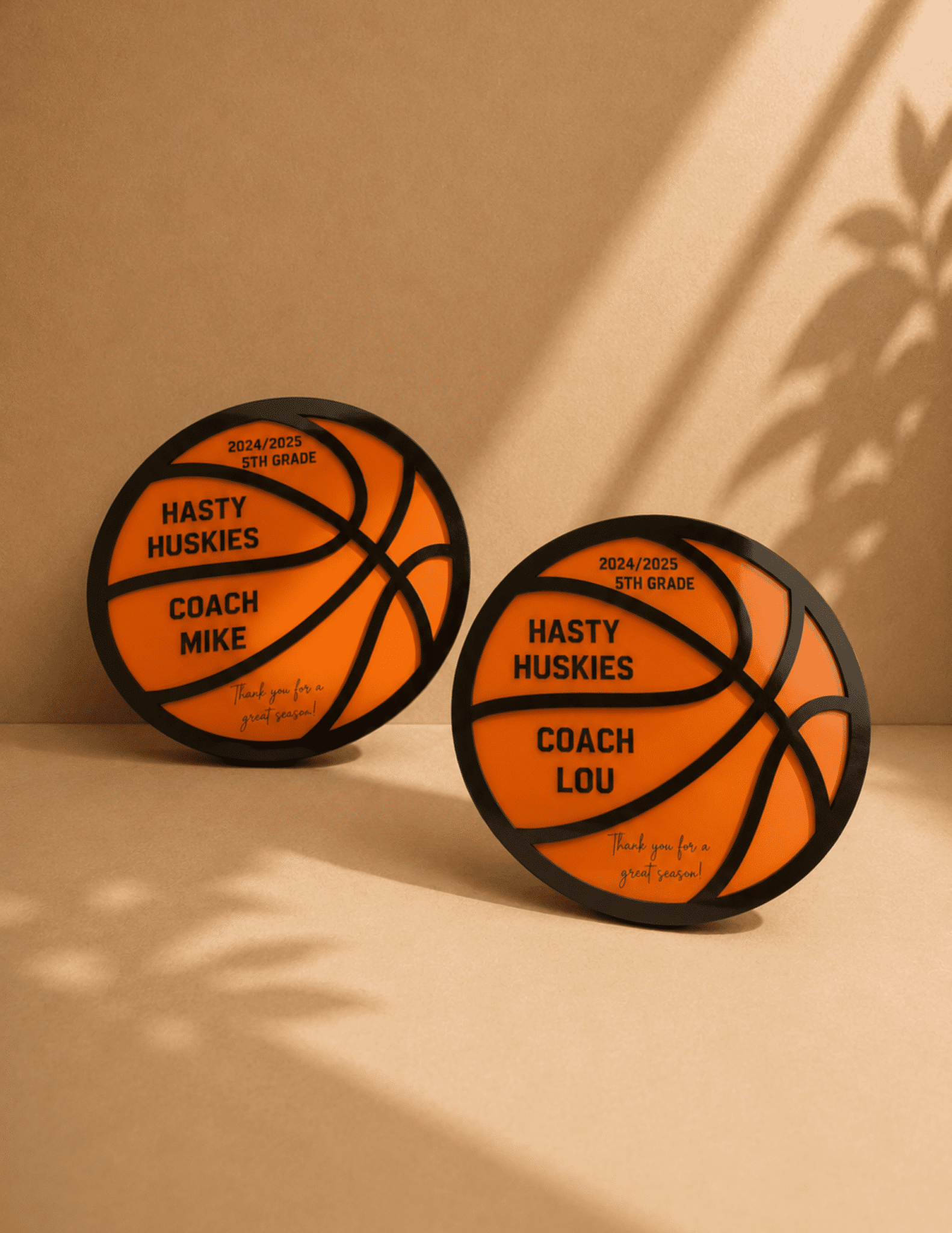 Personalized basketball coach gift plaque with team name, coach name, season, and thank-you message.