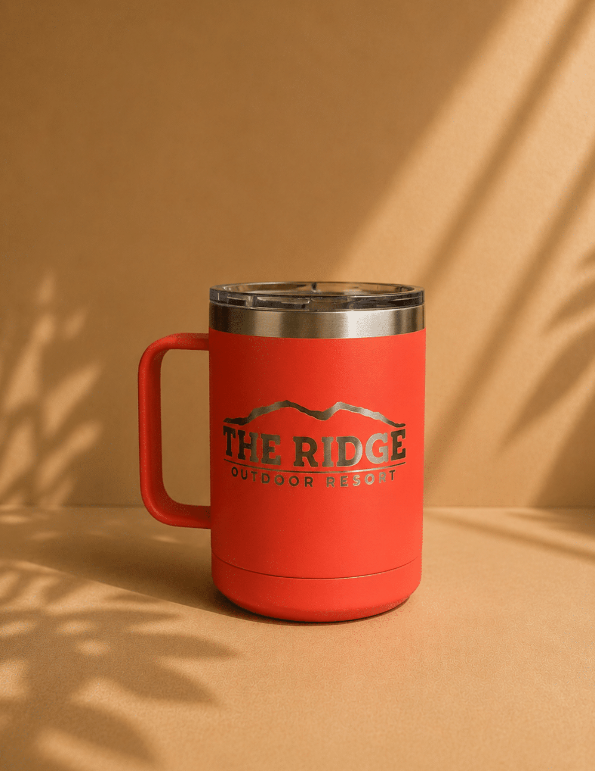 Personalized engraved insulated coffee mug with handle and lid for hot or cold beverages.