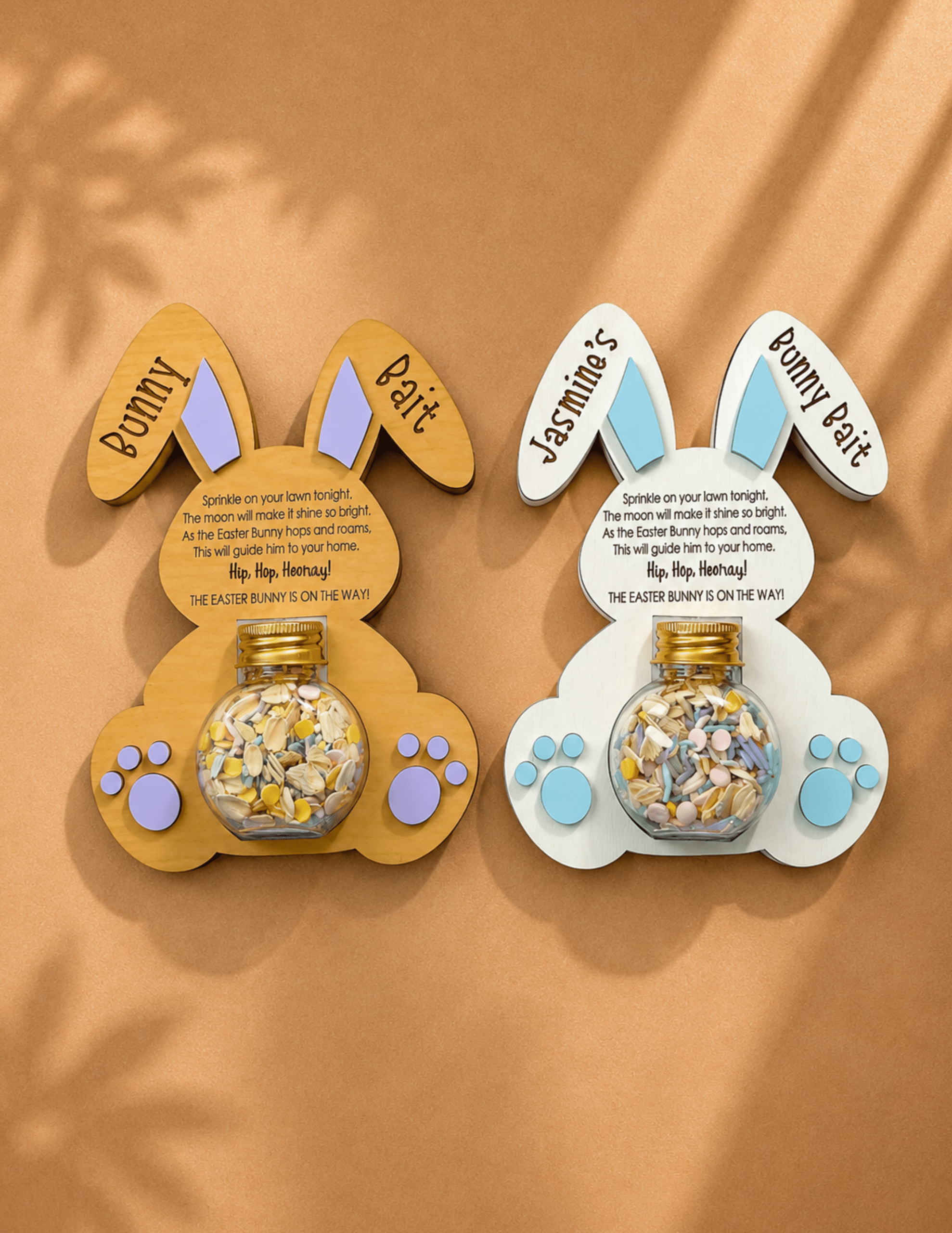 Personalized Easter Bunny Bait Holder with wooden bunny display and magical bunny bait jar for kids.
