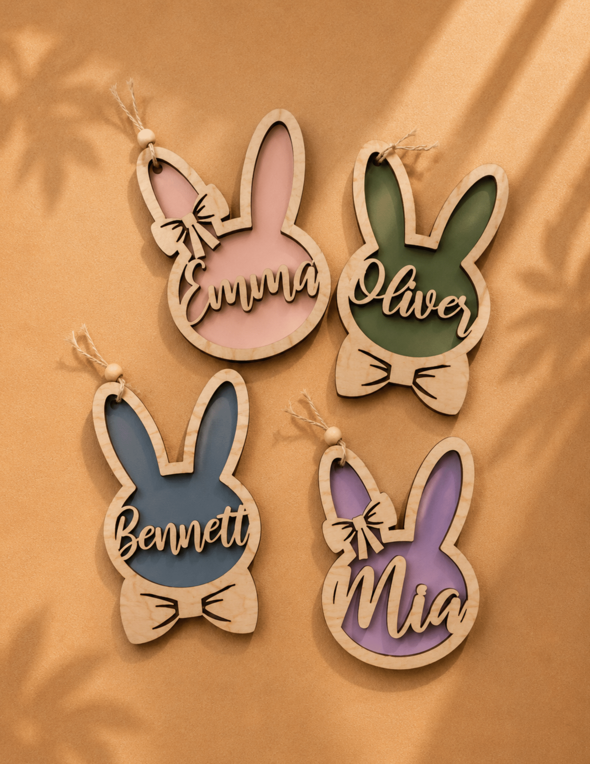 Personalized 3D wooden Easter bunny basket tags with custom names in pastel colors for Easter baskets.
