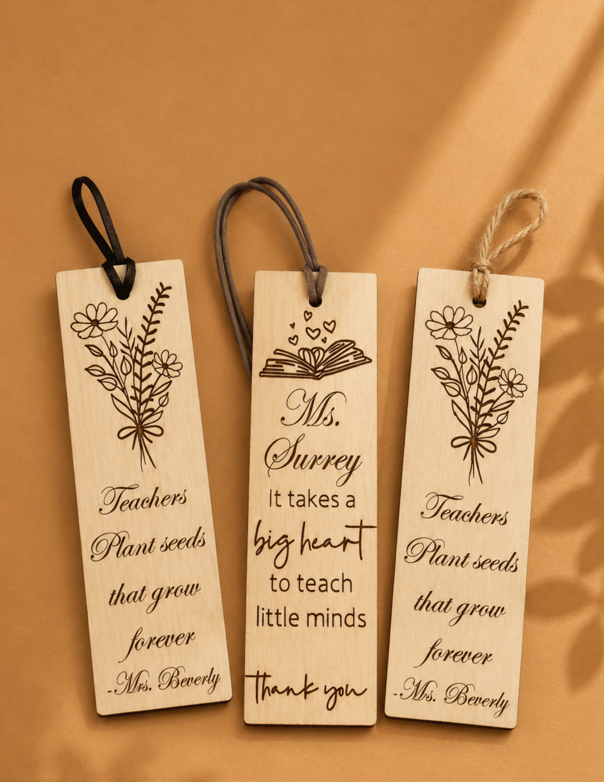 Personalized engraved wooden teacher bookmark with custom name and appreciation message.