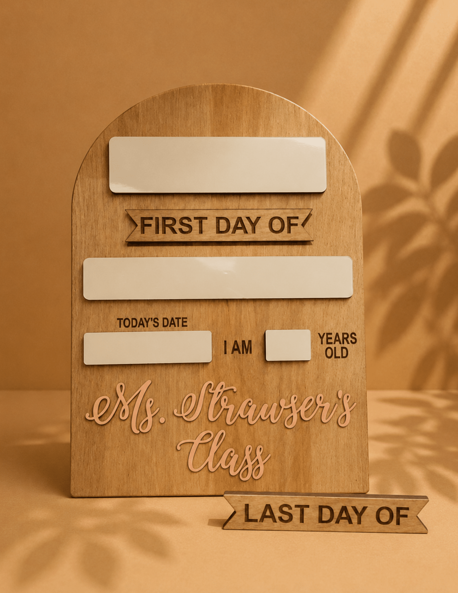 Wooden Personalized Teacher First & Last Day of School Sign with dry-erase sections, custom teacher name, and interchangeable milestone plaques.