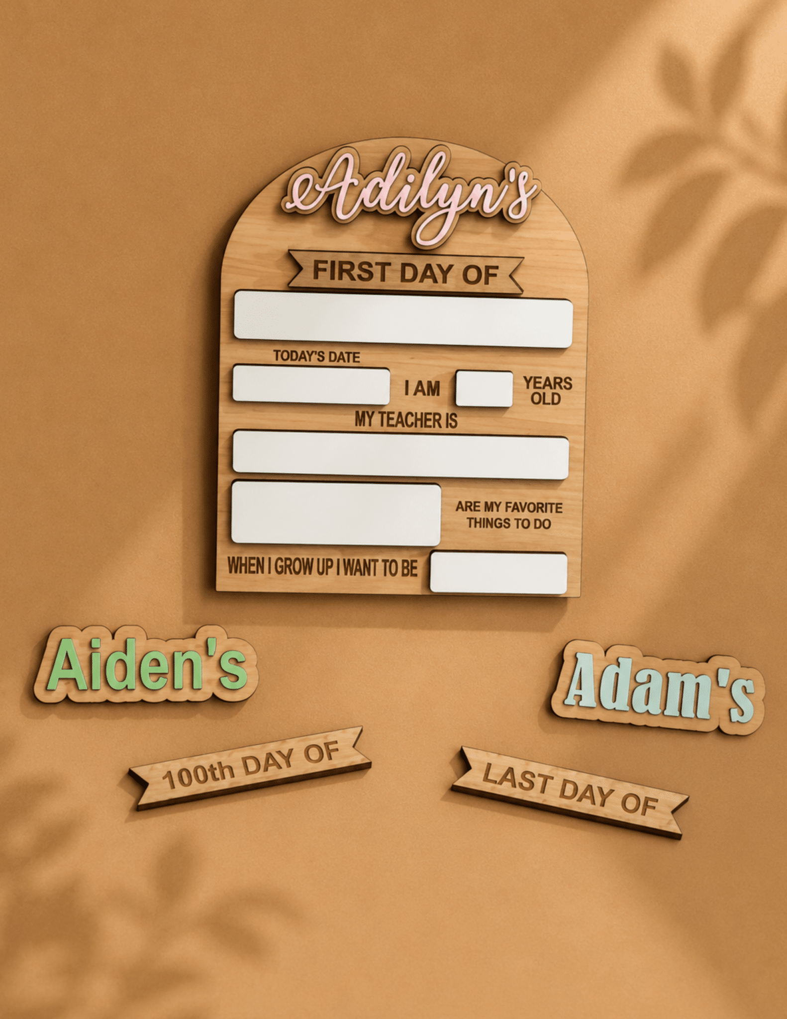 Wooden Personalized Back to School Interchangeable Sign with dry-erase sections, custom name, and First, 100th, and Last Day plaques.