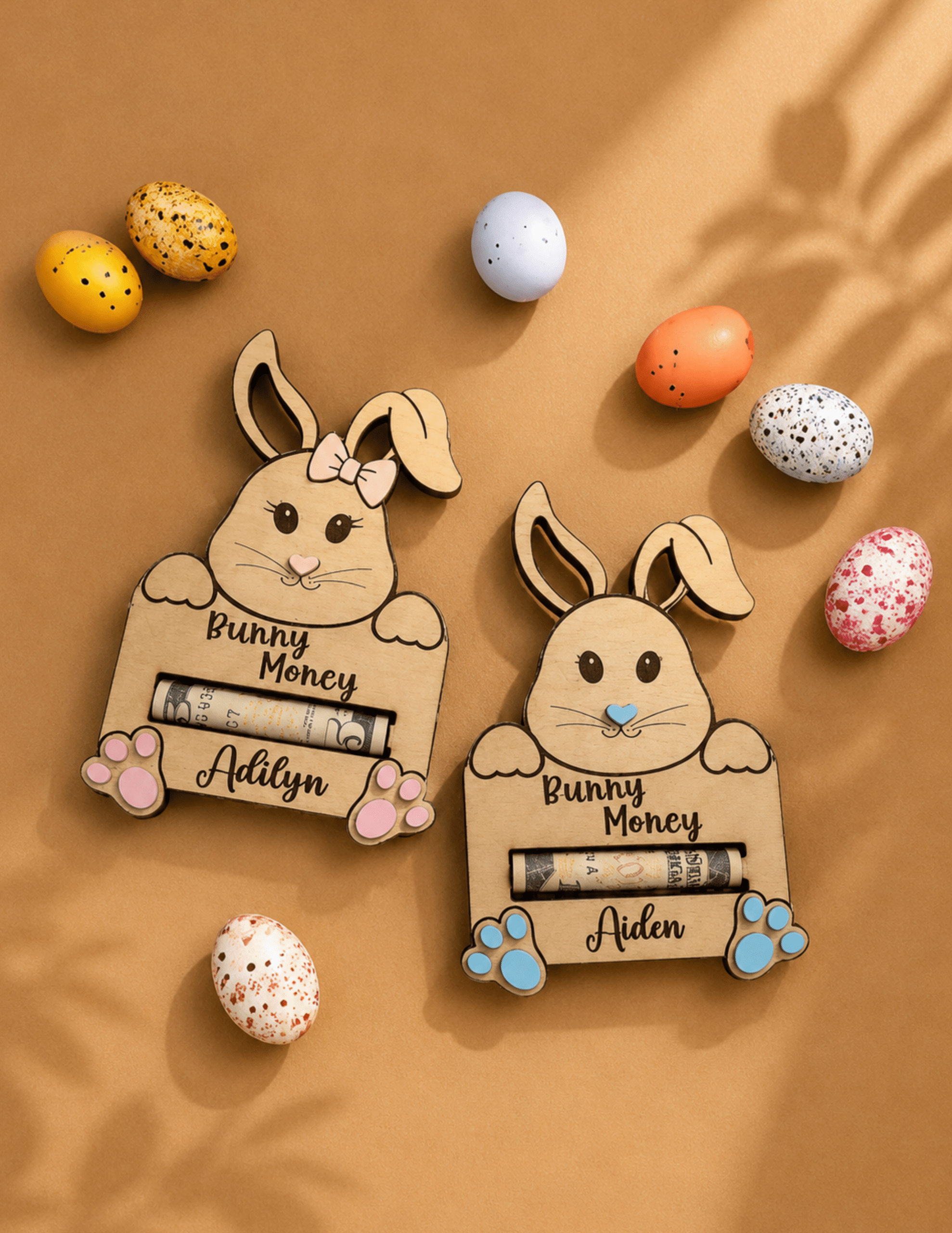Wooden Personalized Bunny Money Holder with custom name, bunny design, cash slot, and colorful paw accents for Easter gifts.