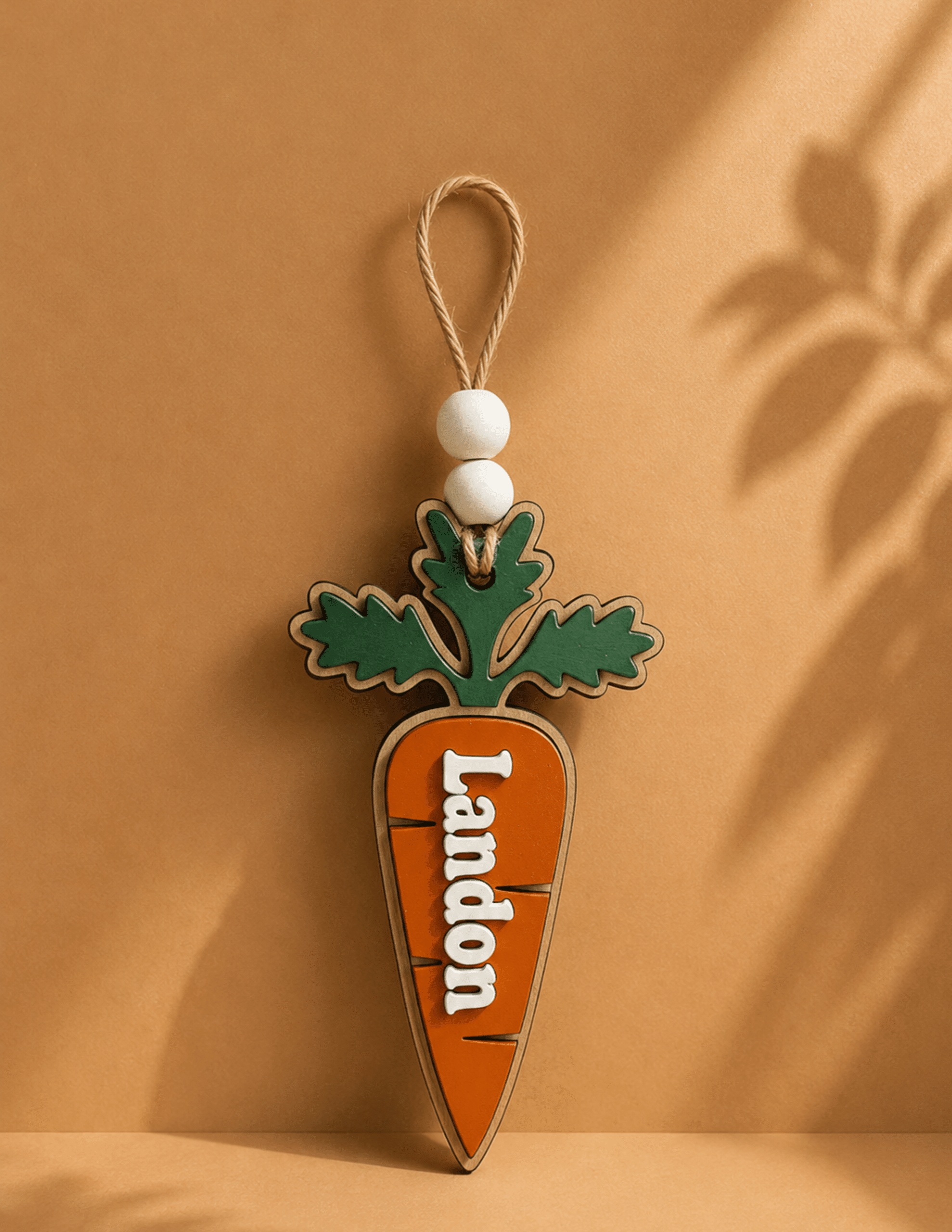 Personalized Easter Basket Tag in a wooden carrot design with a custom name and hanging twine loop.
