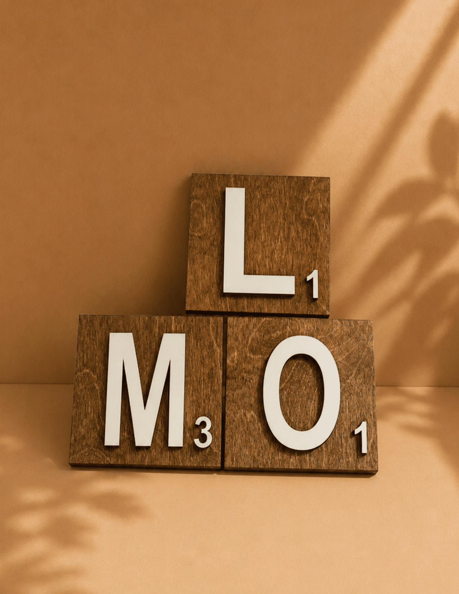 3D Scrabble Letters 5” x 5” Tiles with raised white letters on rustic wood, ideal for personalized family wall décor.