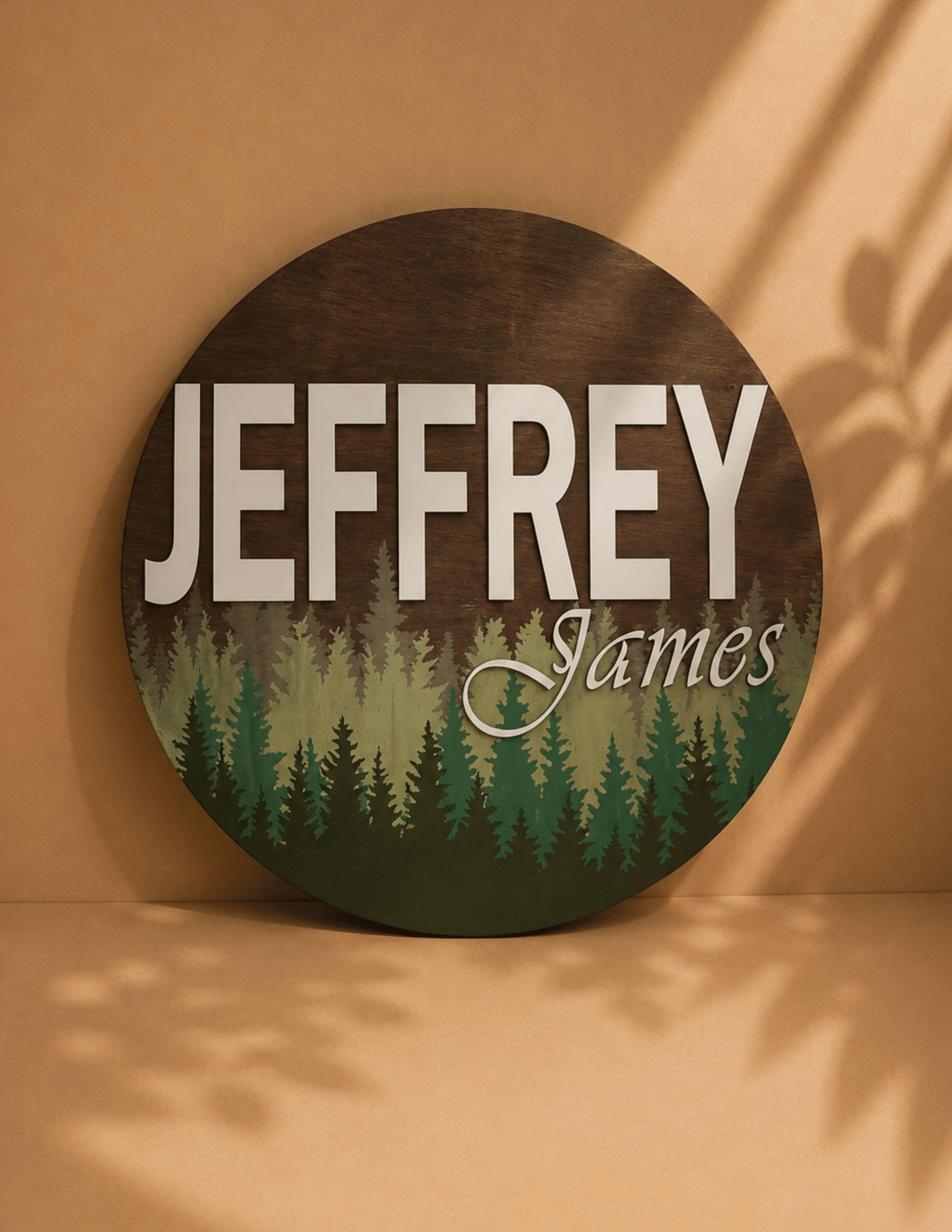 Round Wooden Name Sign - Trees Design