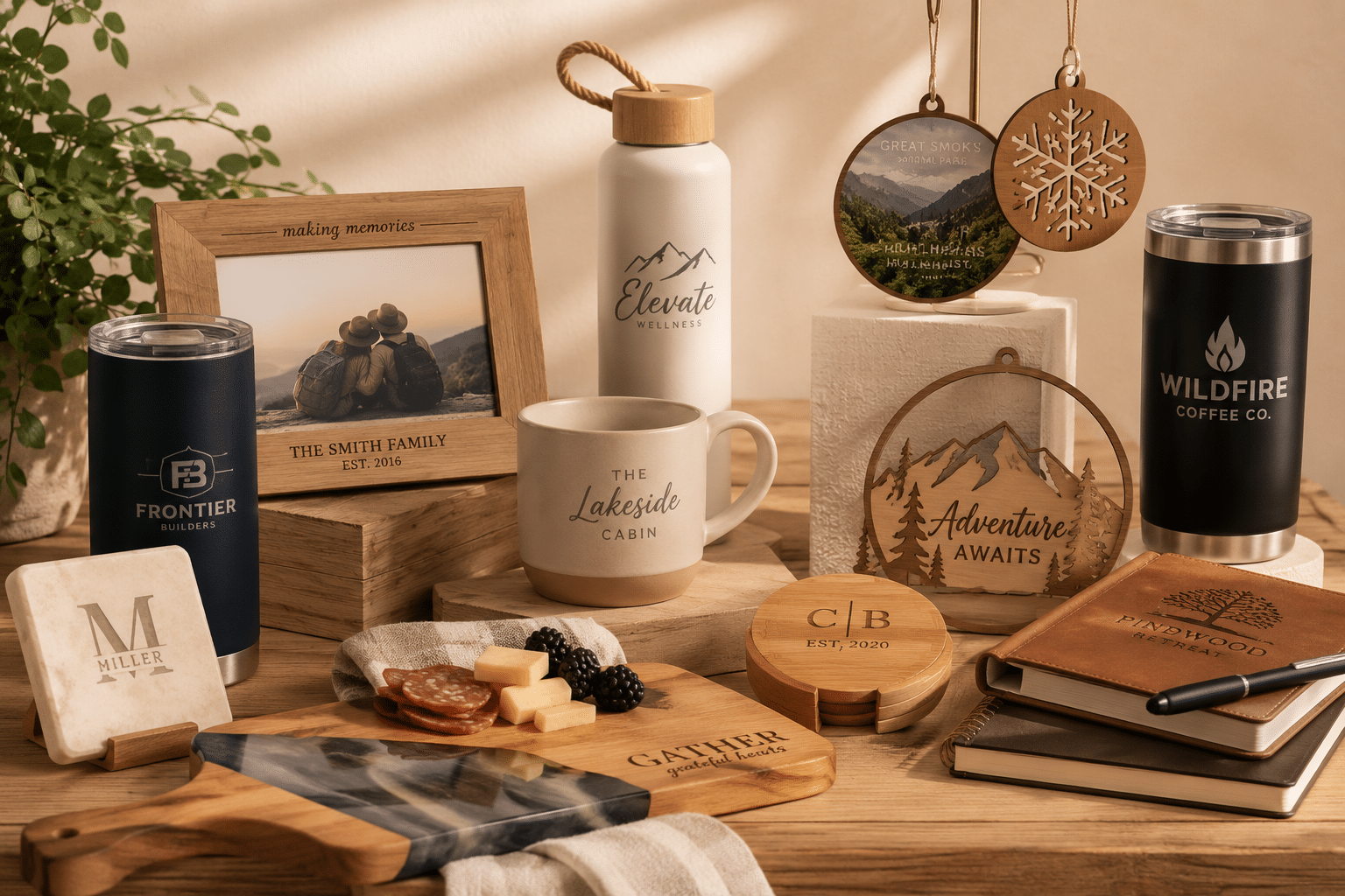 Custom branded mugs, a wooden Adventure Awaits sign, and other custom-designed wholesale products displayed on a table
