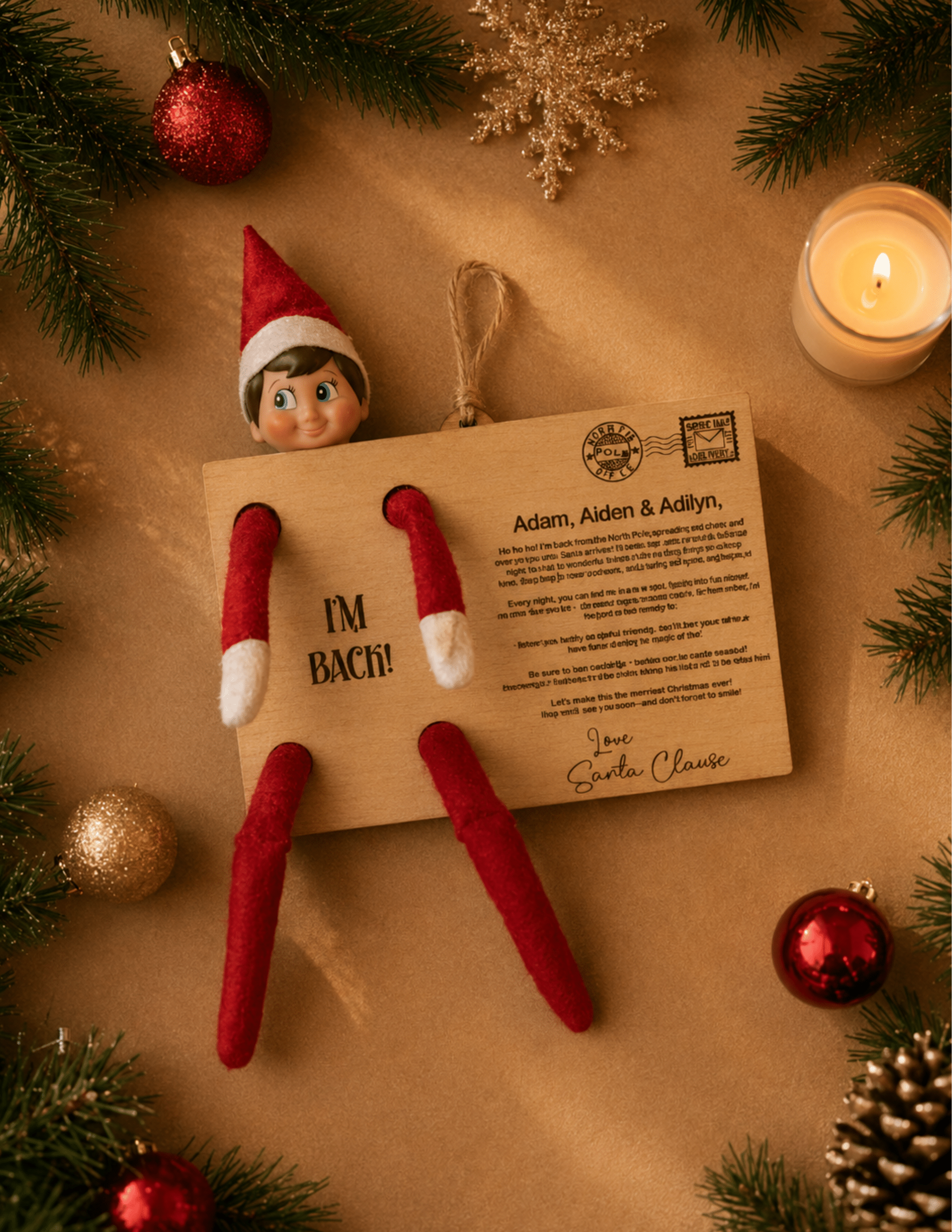 Wooden I'm Back Elf Letter Holder displaying an elf and personalized arrival letter for Christmas.