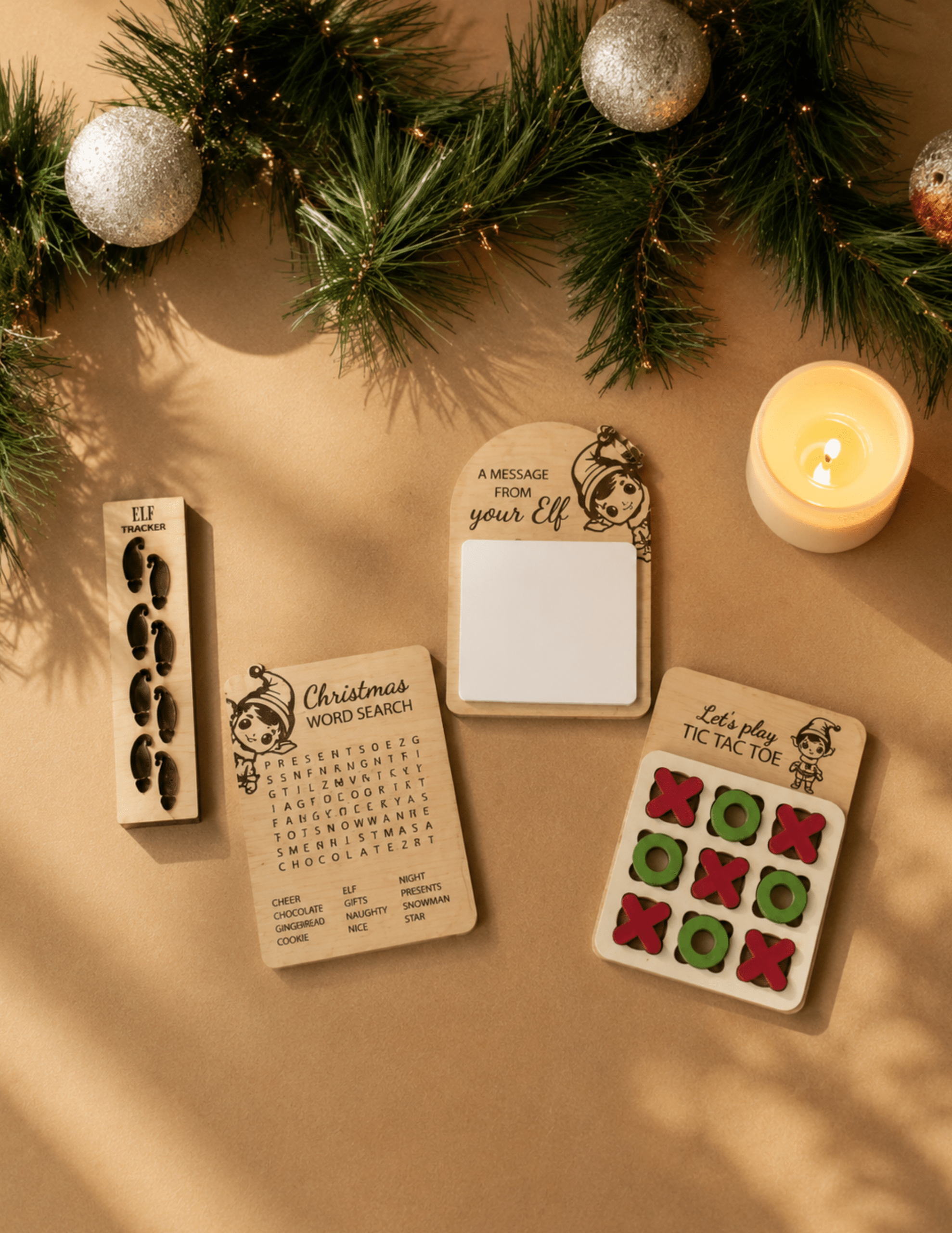 Interactive Elf Set with reusable message board, tracker, tic-tac-toe, and Christmas activity boards.