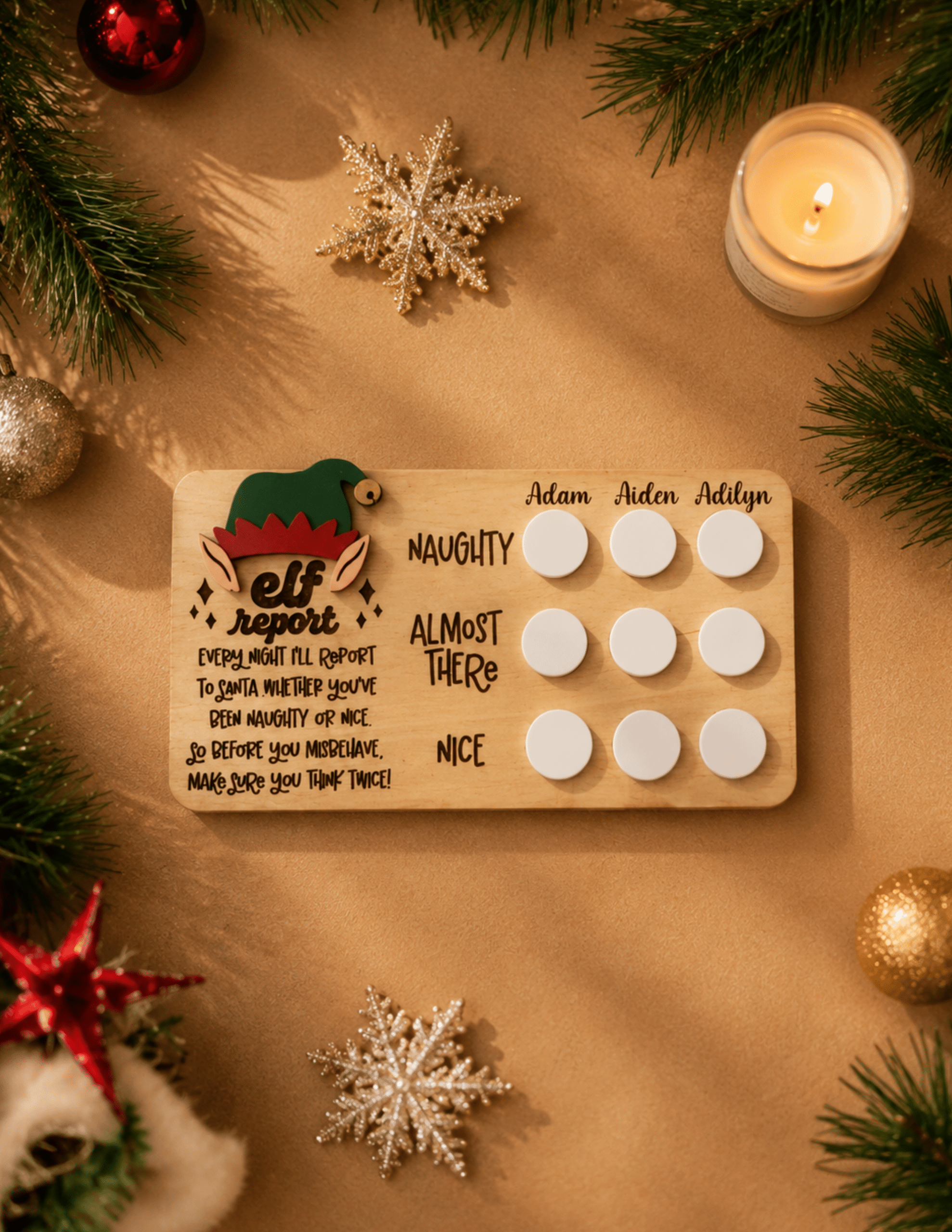 Wooden Naughty or Nice Elf Magnet board with movable magnets for tracking children's holiday behavior.