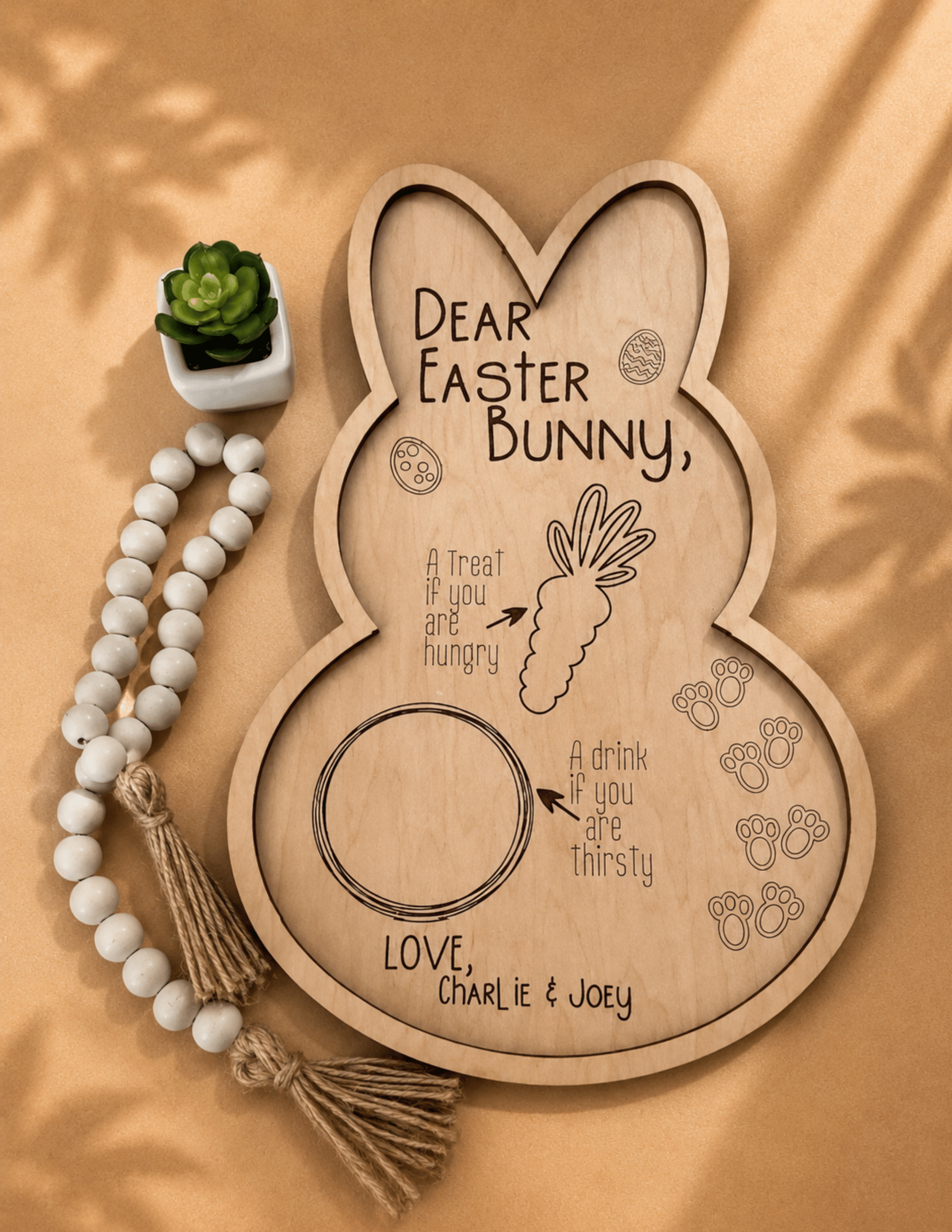Personalized wooden Easter Bunny serving tray shaped like a bunny for Easter Eve treats, carrots, and milk.