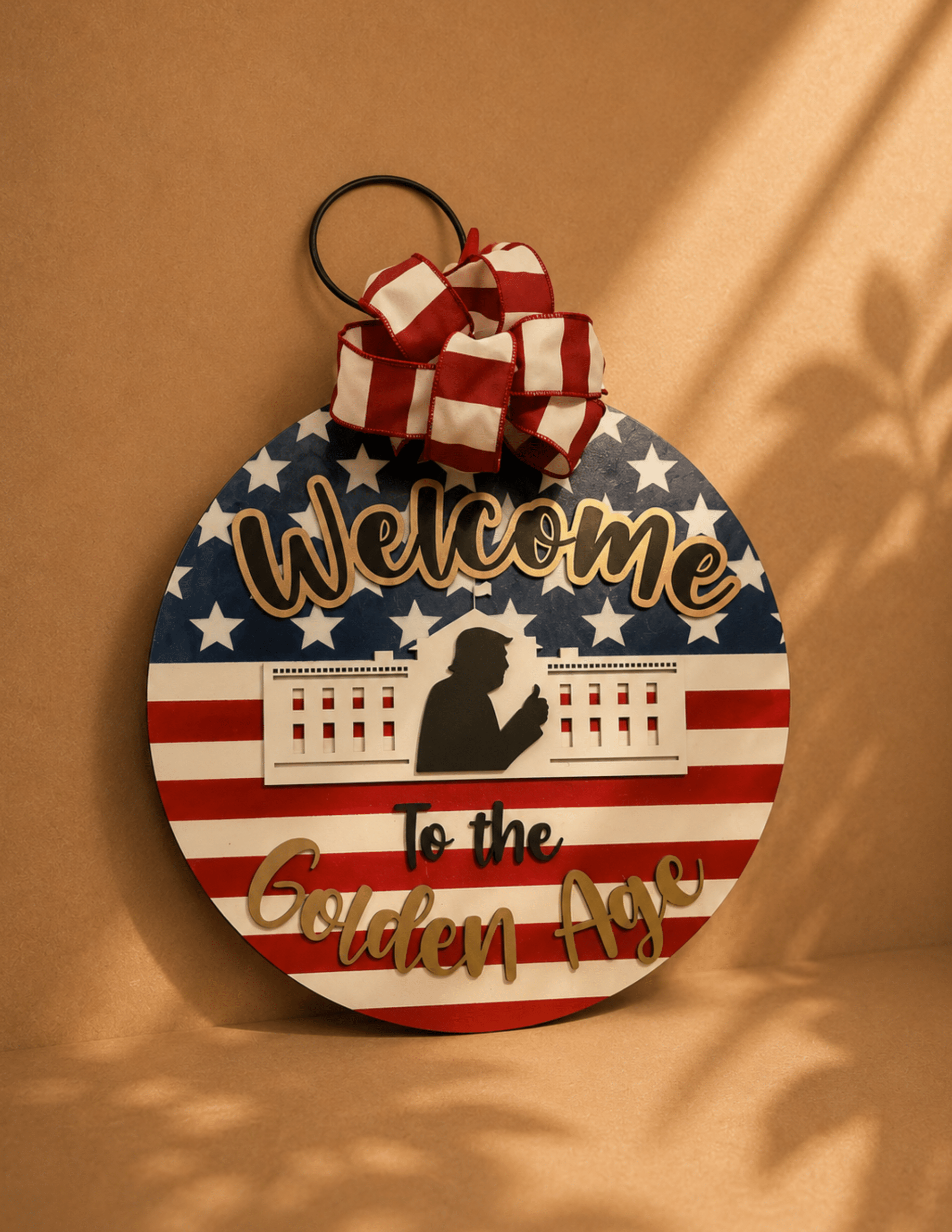 Patriotic Trump door sign with American flag background and layered welcome design for front door décor.