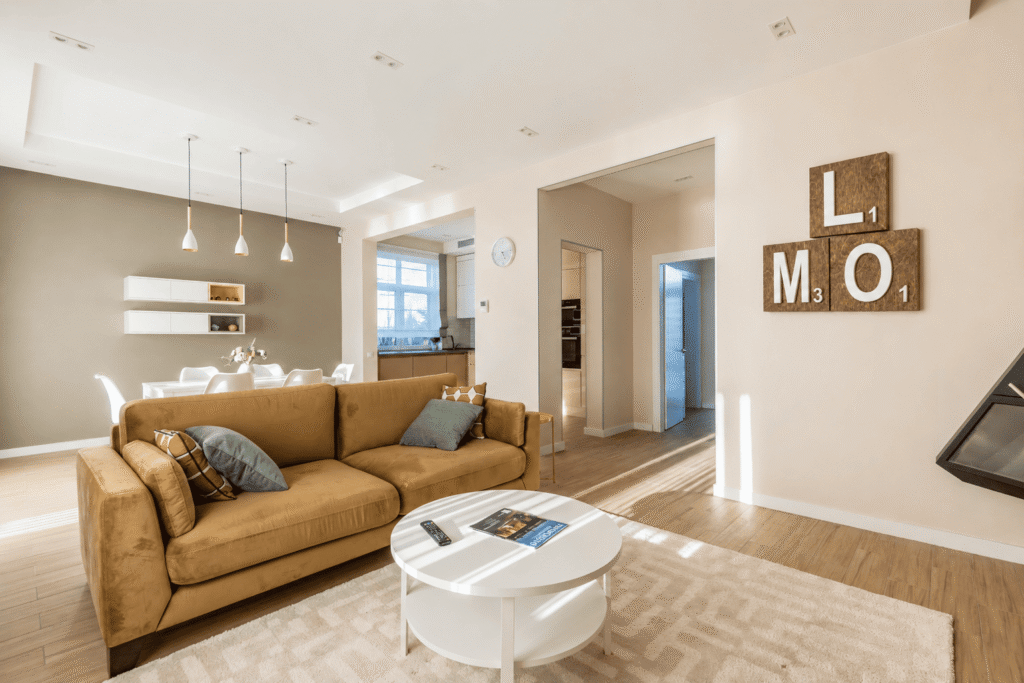 Modern living room with personalized wooden wall decor