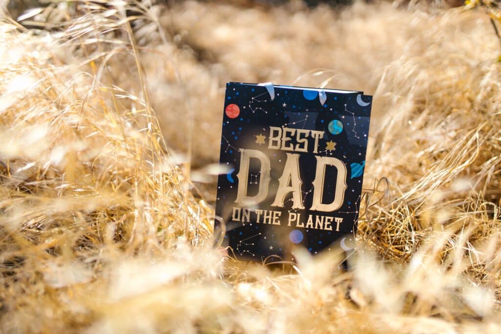 Father's Day gift bag in a field of golden grass