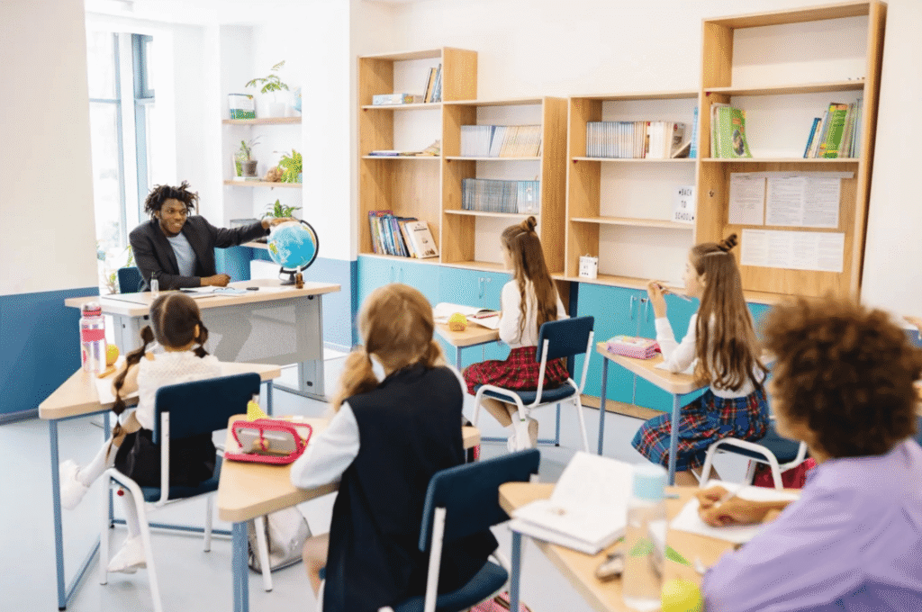 Teacher leading an engaging classroom lesson with students