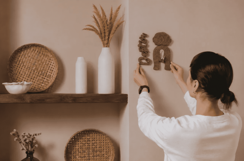 Person hanging a personalized wooden wall hook in a modern home