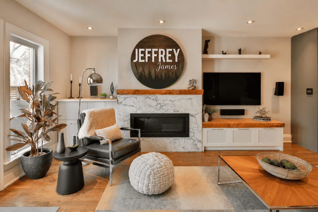 Modern living room with personalized wooden family name wall sign