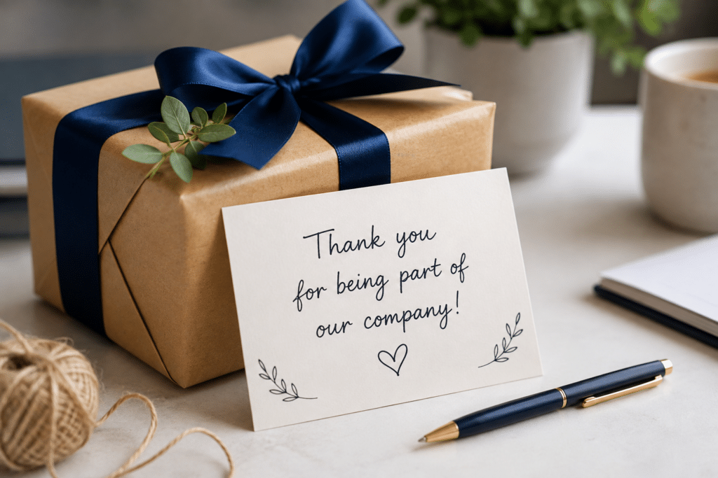 Employee milestone gifts with a wrapped appreciation gift and thank-you card