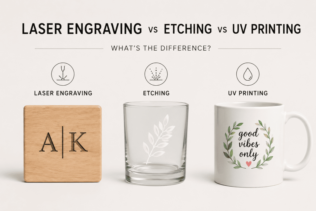 Laser engraving vs etching and UV printing comparison