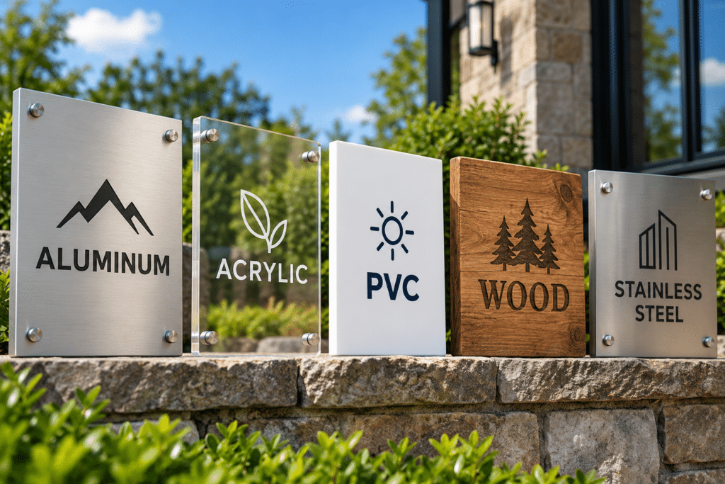 Outdoor sign materials displayed side by side